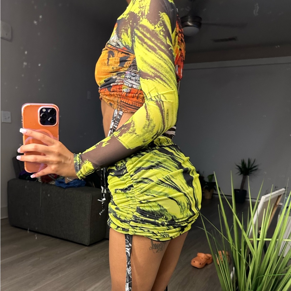 PLT Multi Abstract Print Ruched Mesh Crop Top & Mini Skirt